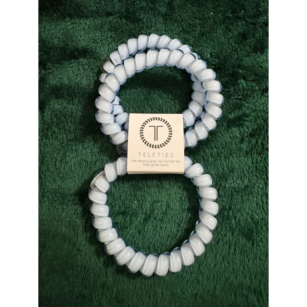 TELETIES Washed Denim Large Hair Ties 3-Pack Spiral Coil No-Rip Blue White